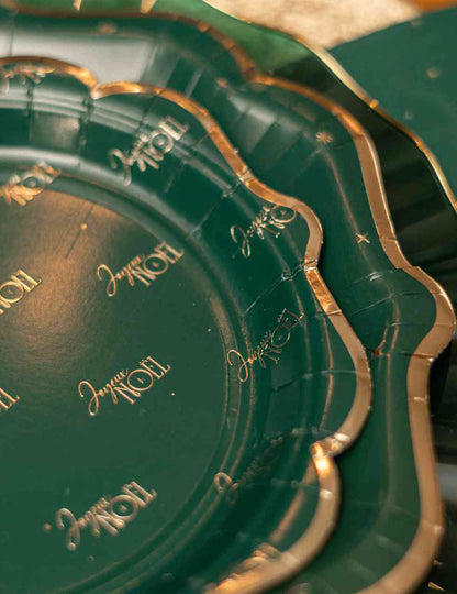 8 pequenos pratos Feliz Natal intemporal verde escuro e dourado 18 cm