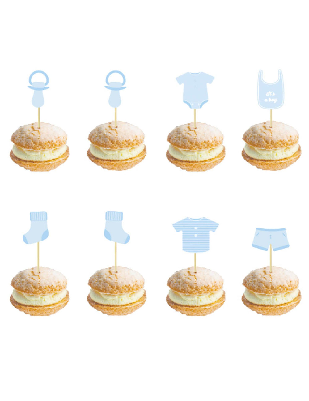 Espetos de madeira bebé azul para baby shower com motivos de nascimento