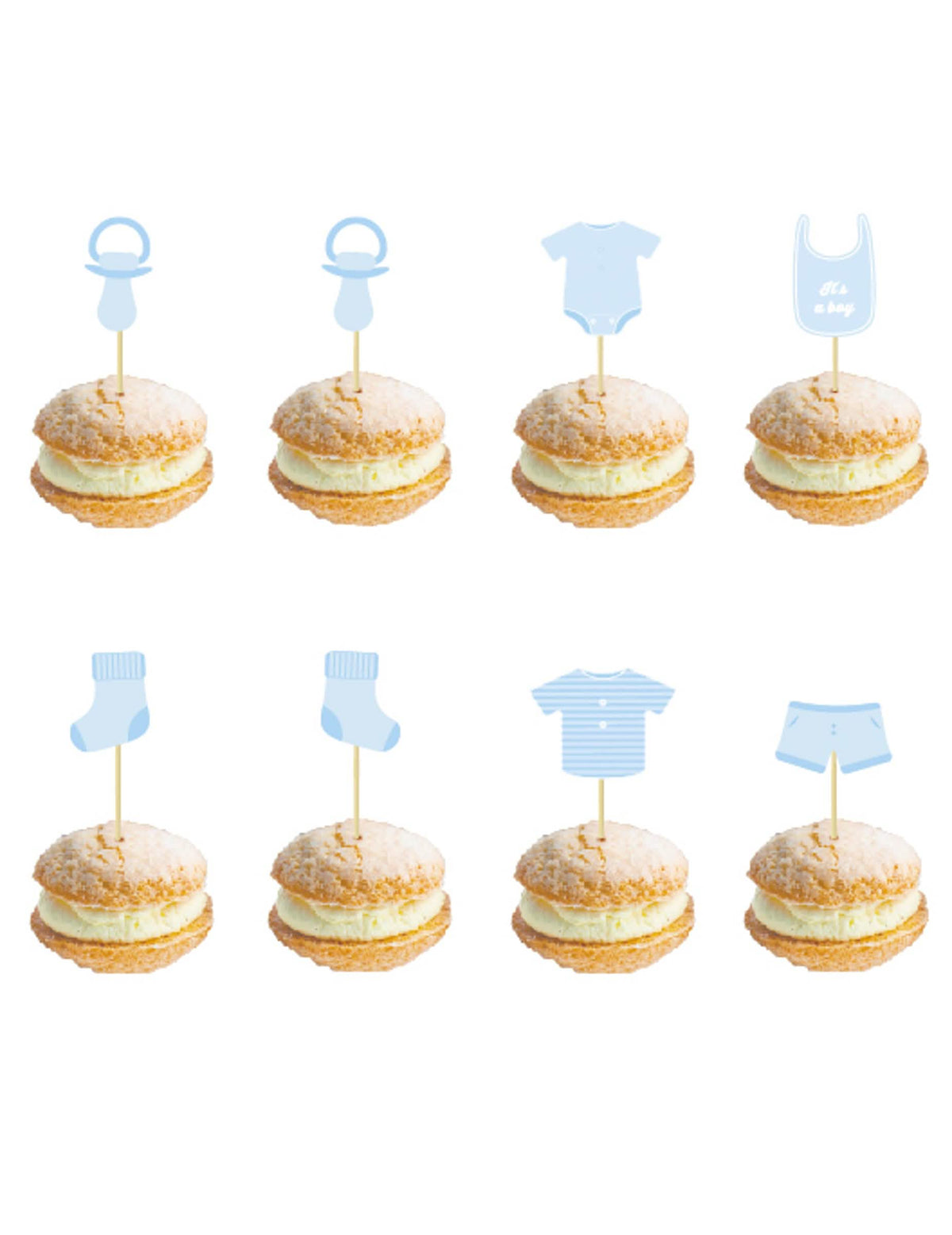 Espetos de madeira bebé azul para baby shower com motivos de nascimento