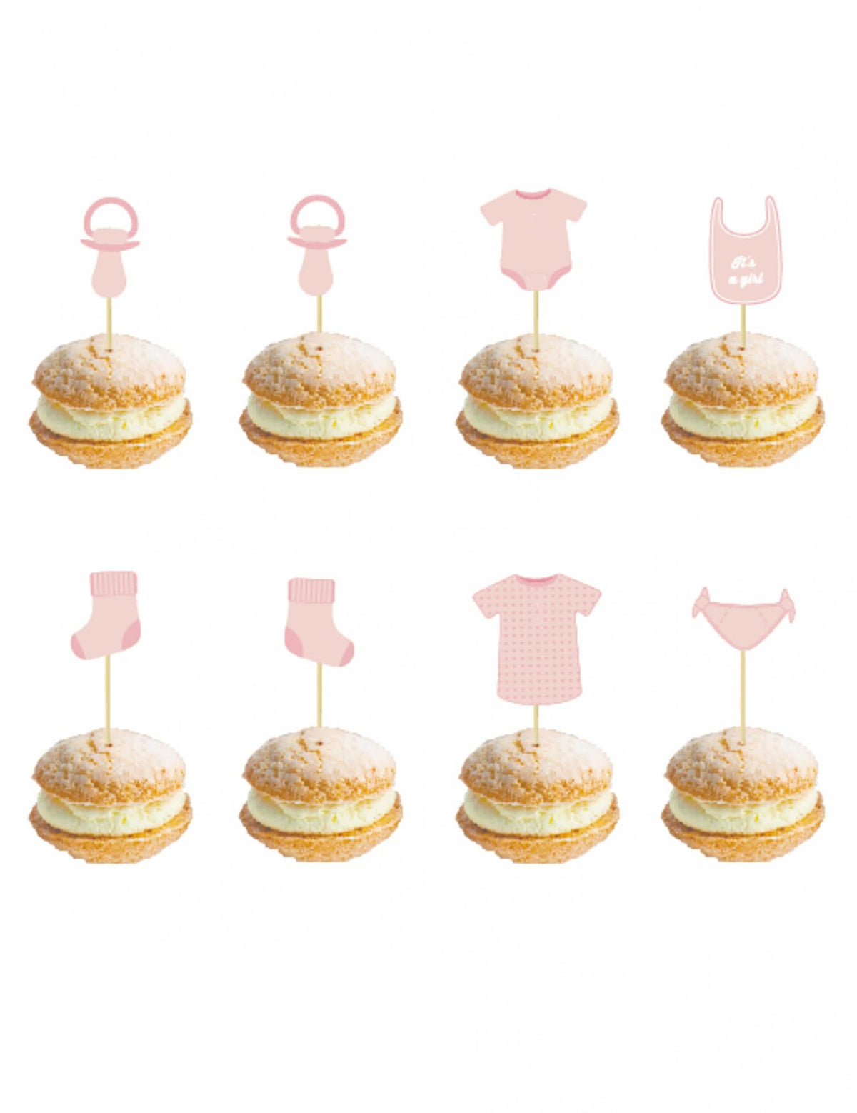 Pinças de madeira bebé para baby shower cor de rosa com motivos variados
