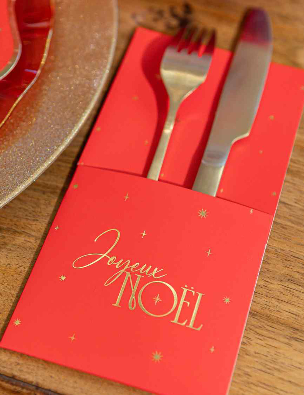 8 porta-talheres Feliz Natal atemporal vermelho e dourado 10 x 20 cm