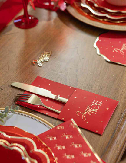 8 porta-talheres Feliz Natal atemporal vermelho e dourado 10 x 20 cm