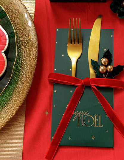 8 porta-talheres Feliz Natal atemporal verde inglês e dourado 10 x 20 cm
