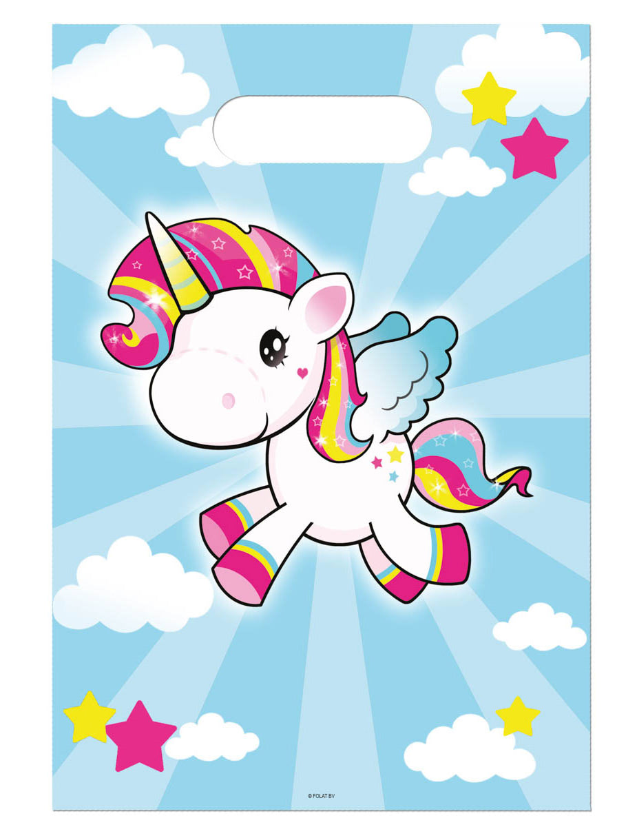 Sachets de fête Licorne pour enfant bleu ciel avec licorne ailée et étoiles