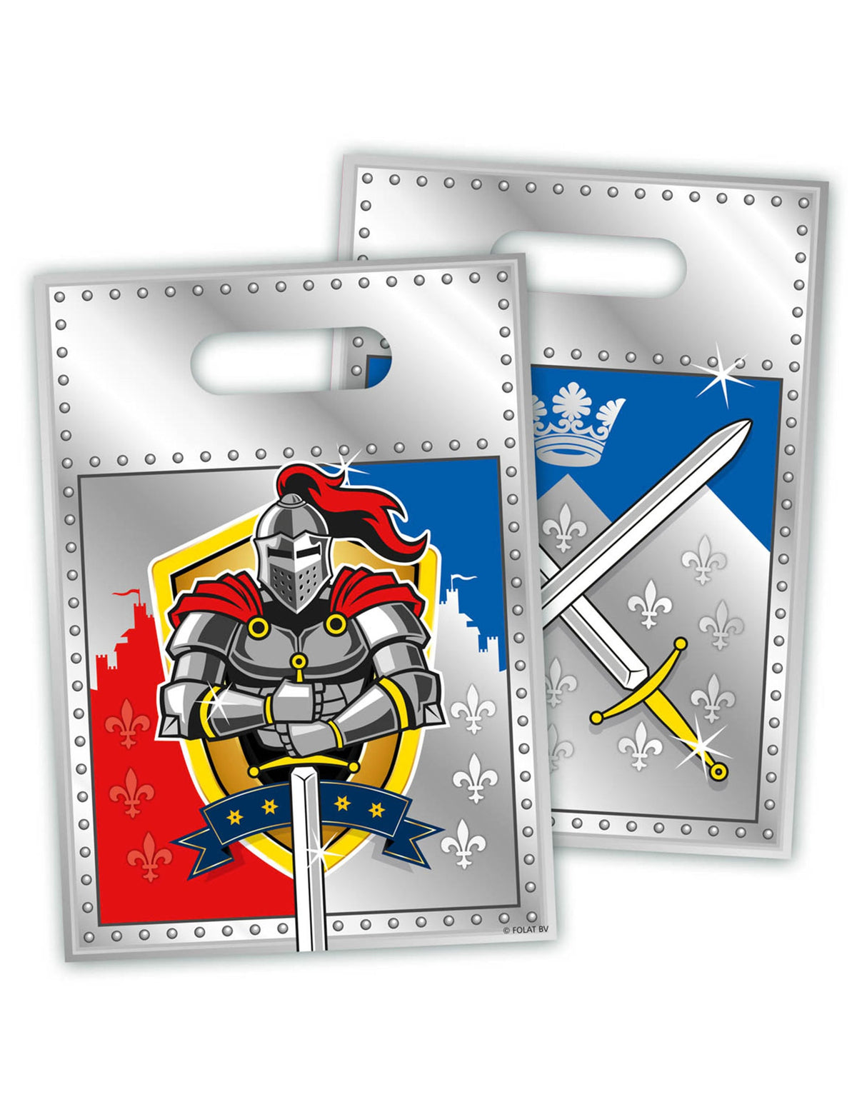 Sachets de fêtes chevaliers gris et bleu avec motif armure et épée