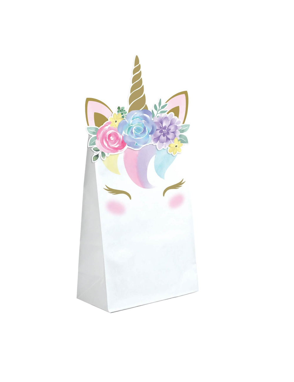 sacos de prenda de papel de unicórnio mágico para criança brancos com flores e cor dourado