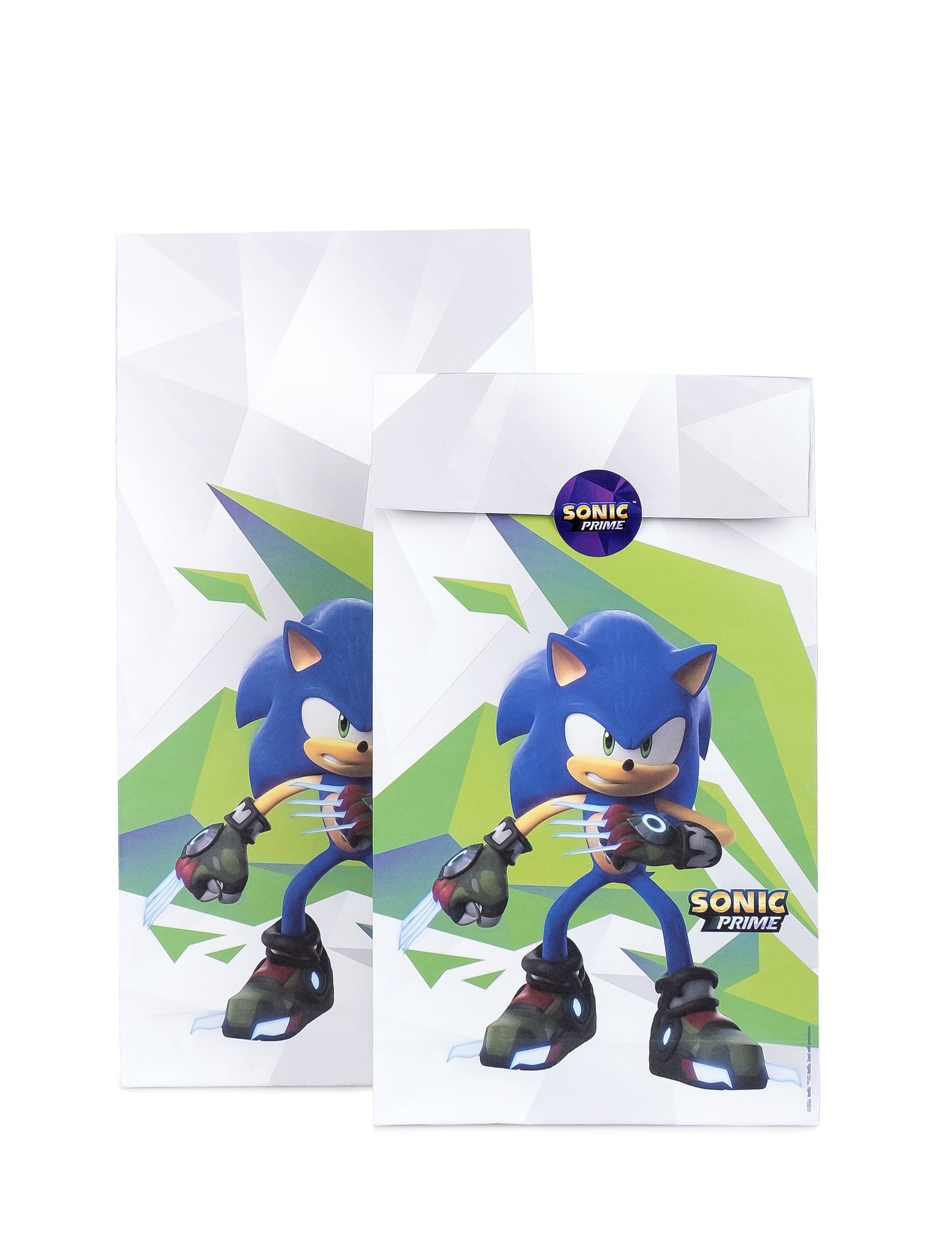 Sacs cadeaux Sonic Prime blancs et verts avec Sonic bleu