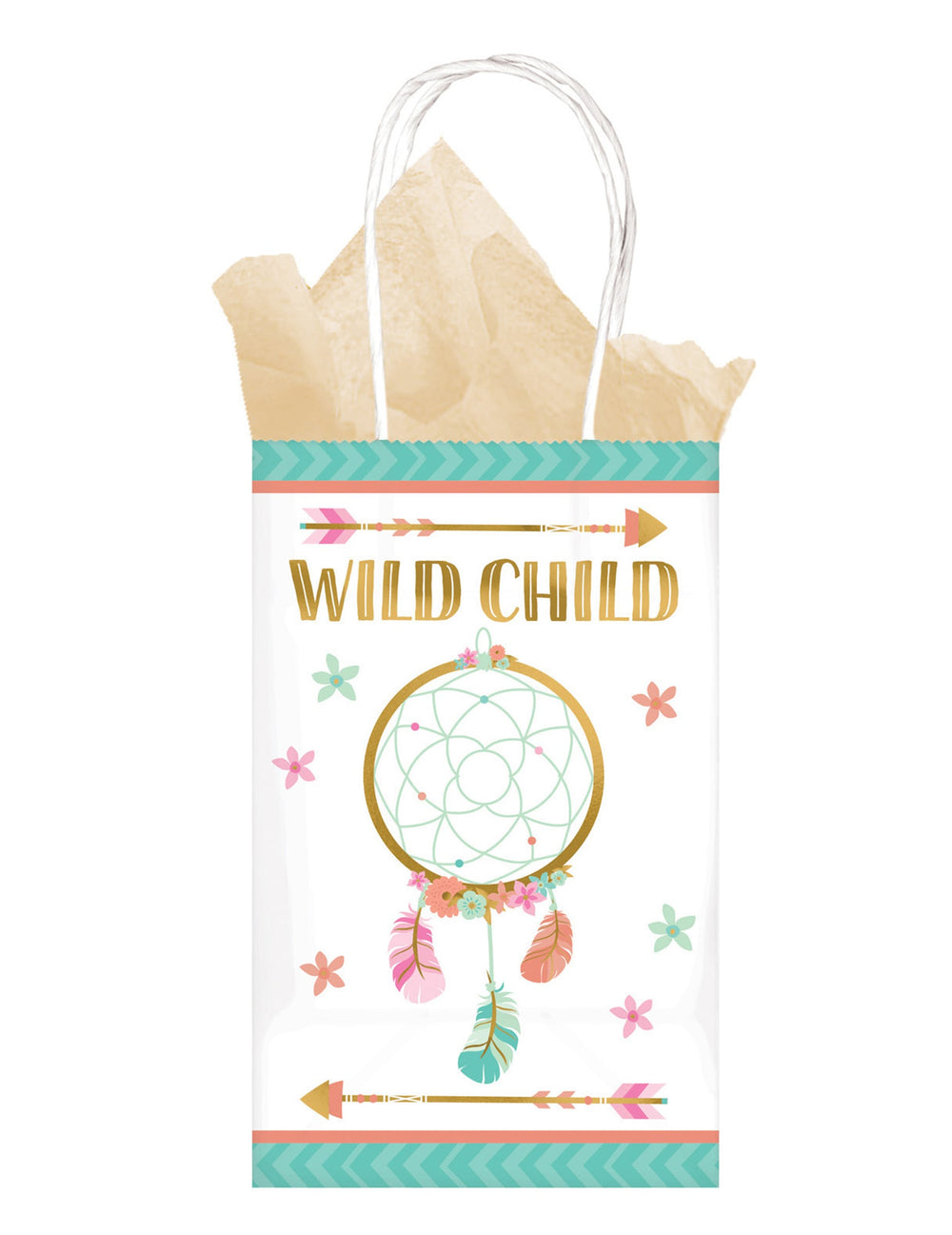Sac de fête en papier boho attrape-rêve pour enfant blanc avec détails dorés