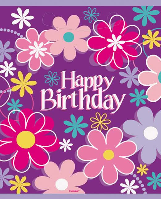 Sacos de festa Happy Birthday flores para presentes roxo com padrões florais multicoloridos