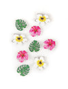Confettis en bois fleurs et feuilles tropicales pour fête rose blanc et vert