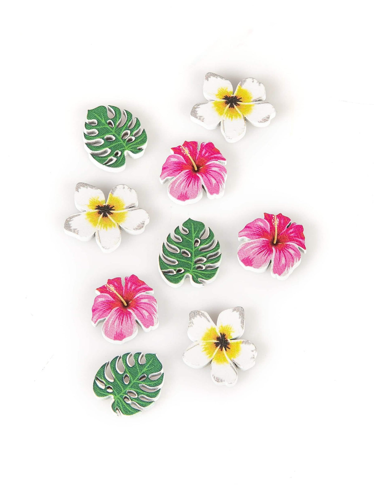 Confettis em madeira flores e folhas tropicais para festa cor de rosa branco e verde