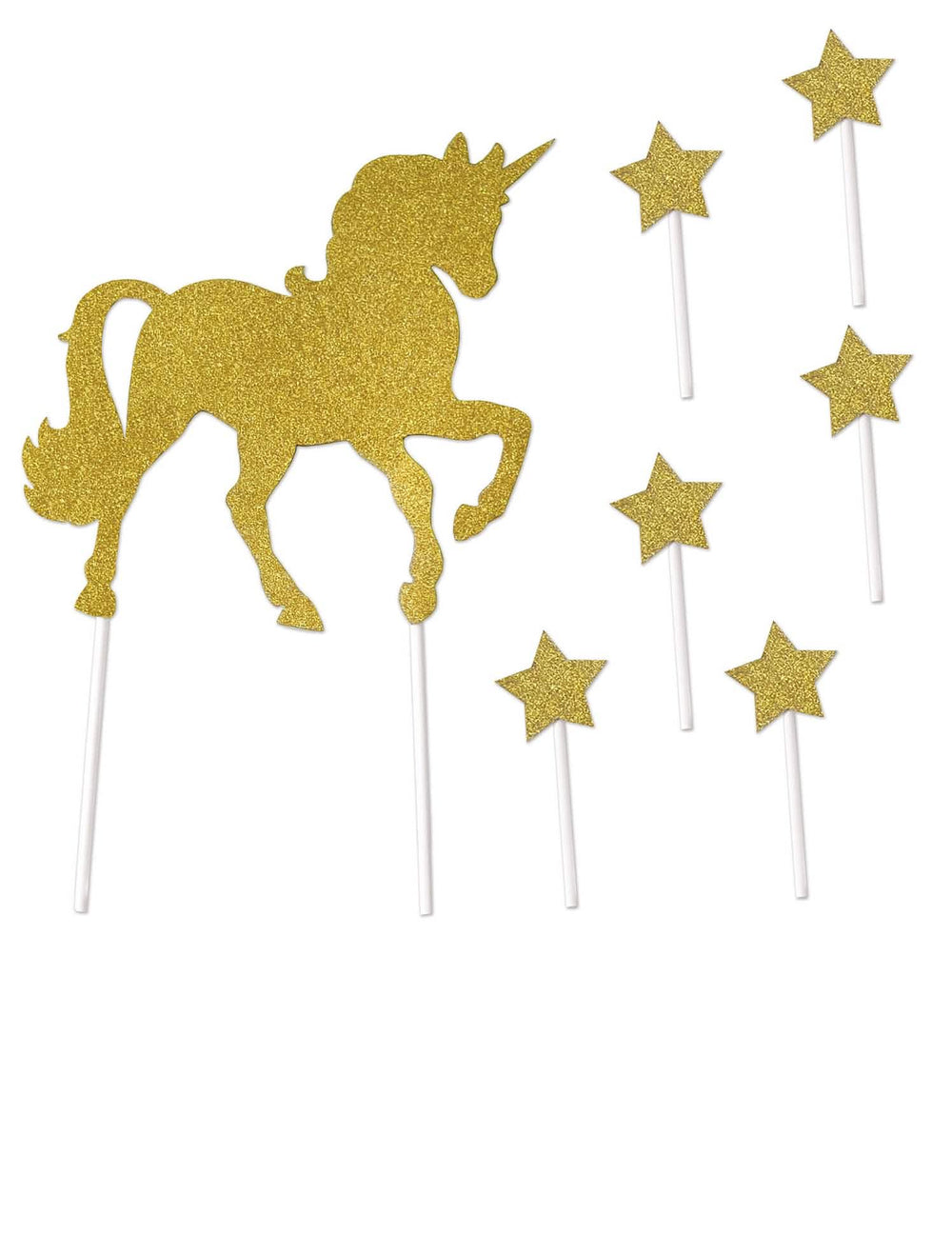 Acessórios de decoração para bolo unicórnio e estrelas em cartão dourado com purpurinas