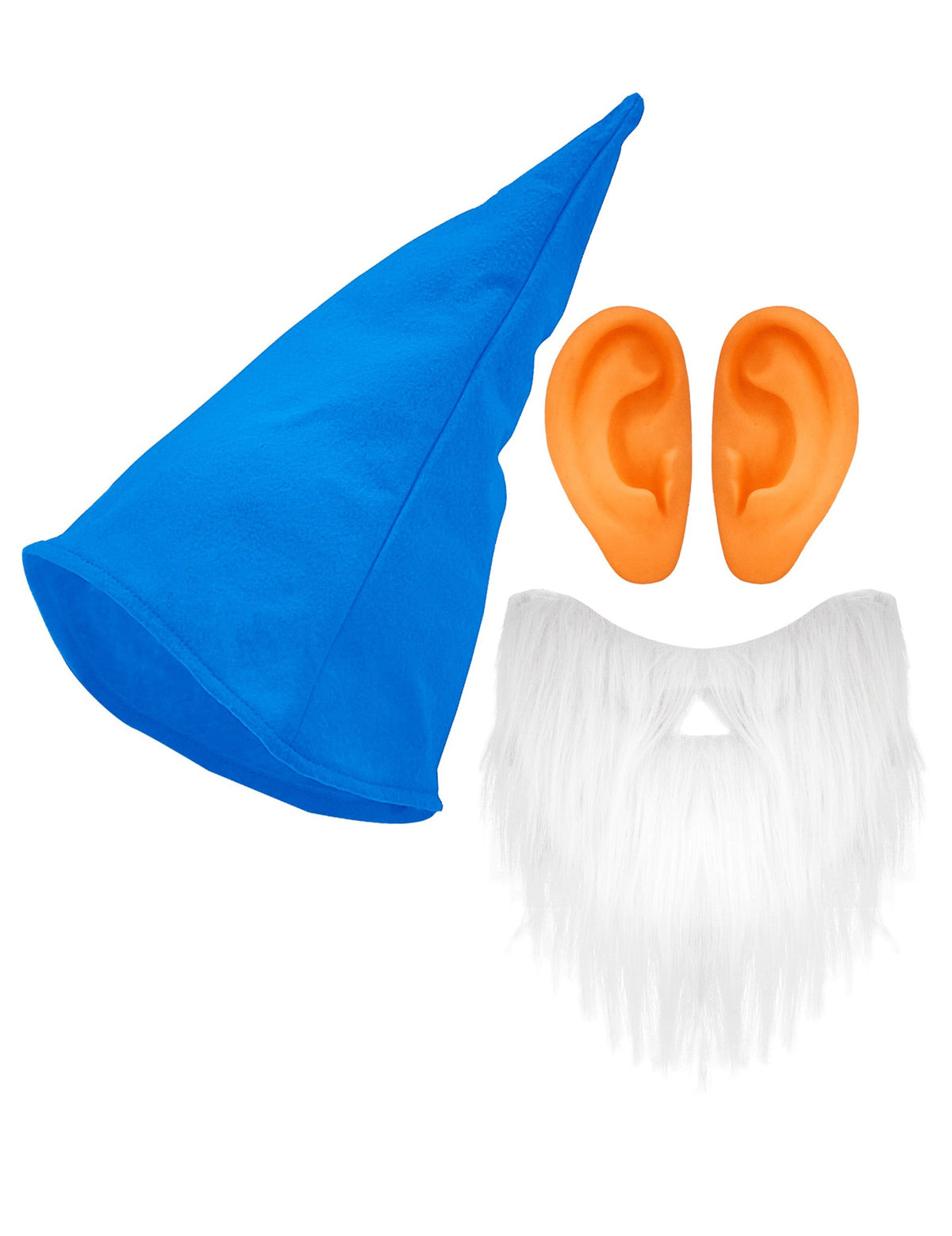 Vue d'ensemble du bonnet de la barbe et des oreilles des accessoires de nain bleu pour adulte