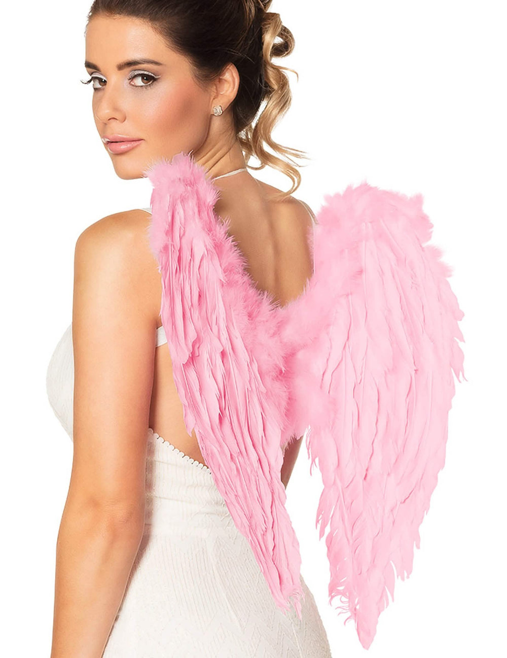 asas de anjo adulto cor de rosa pálido em plumas
