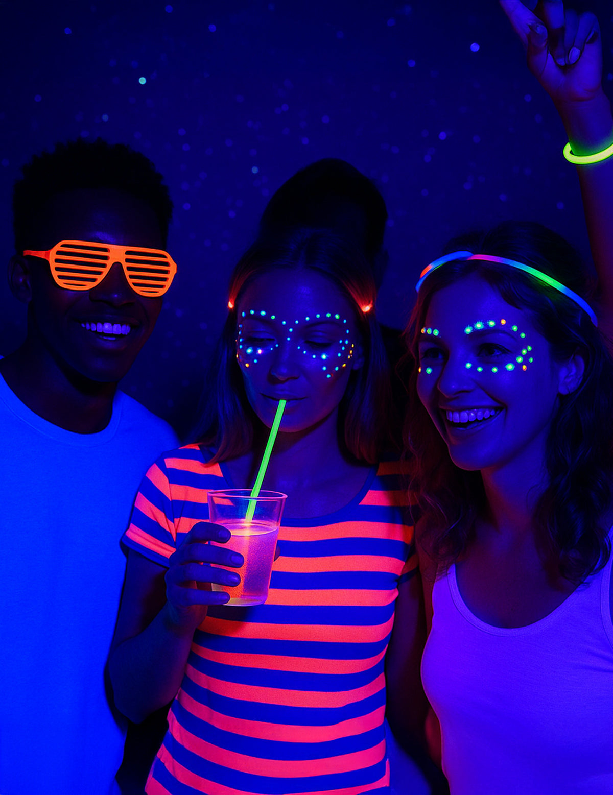 Mise en situation des effets fluorescents de l'ampoule lumière noire pour fête culot E27