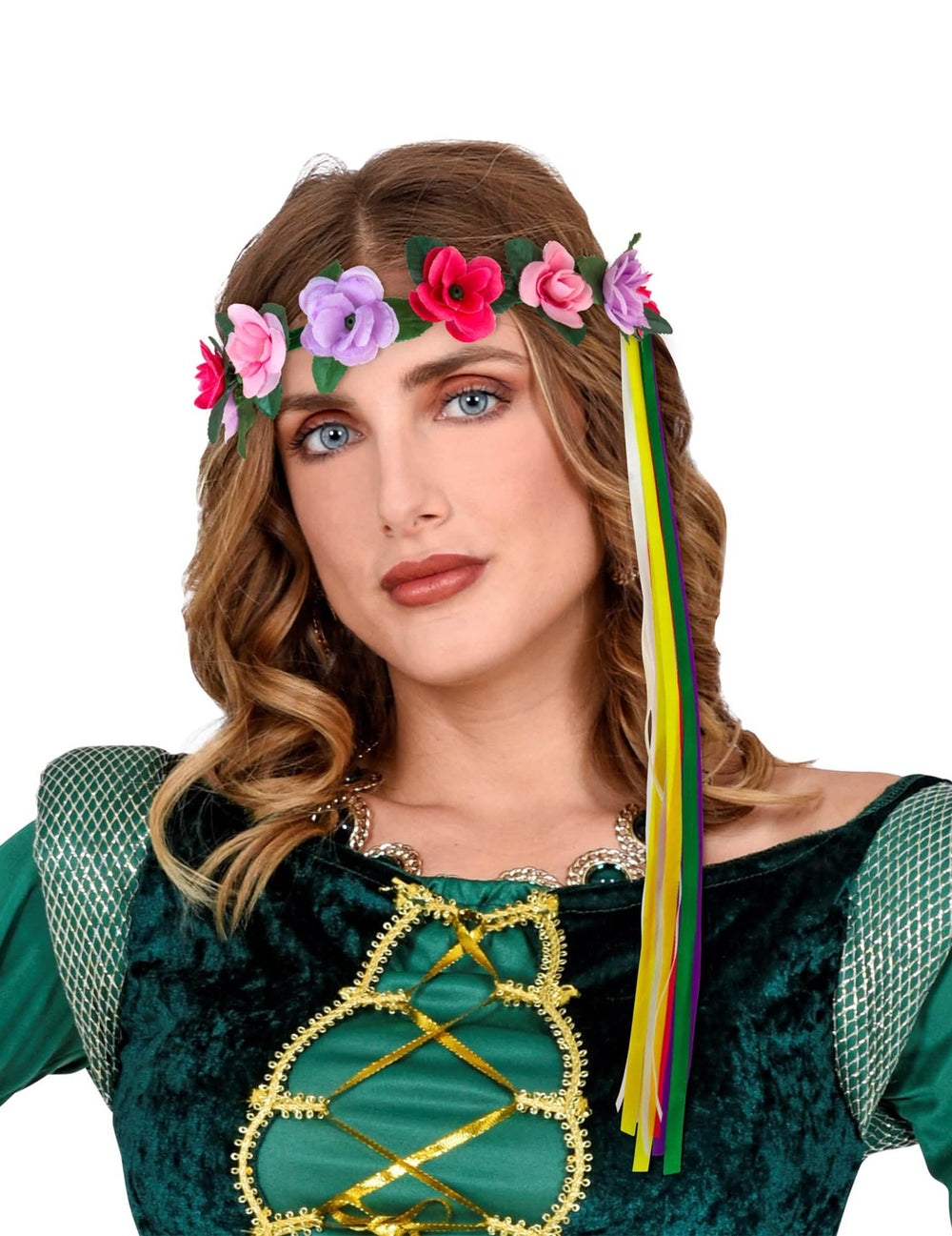 Argola floral para o cabelo de fada hippie Elfo para mulher multicores com fitas coloridas