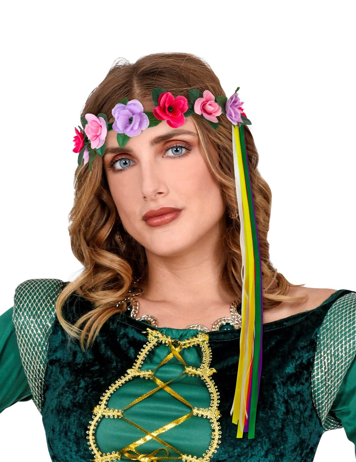 Argola floral para o cabelo de fada hippie Elfo para mulher multicores com fitas coloridas