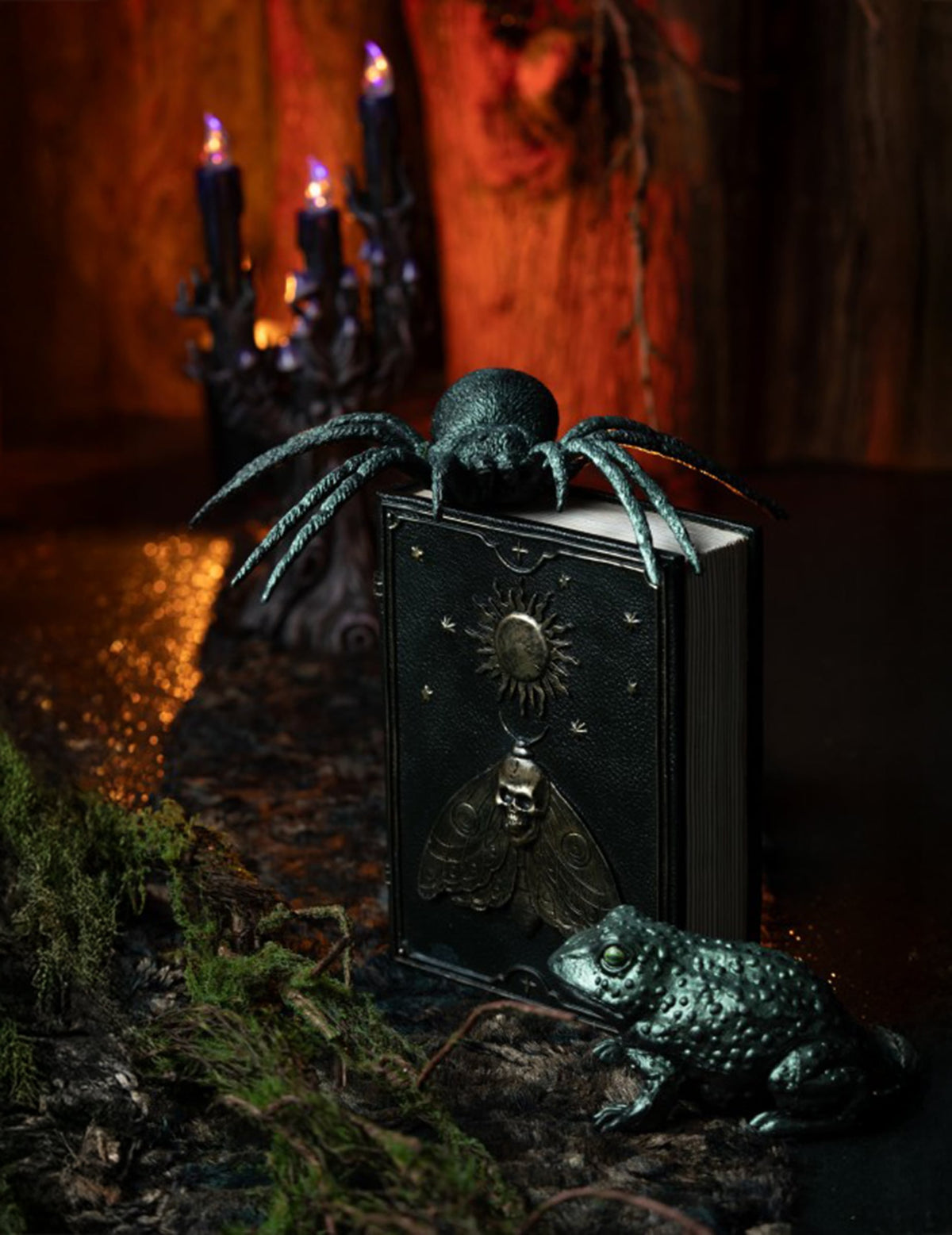 Mise en situation sur un grimoire de l'araignée en plastique pour décoration