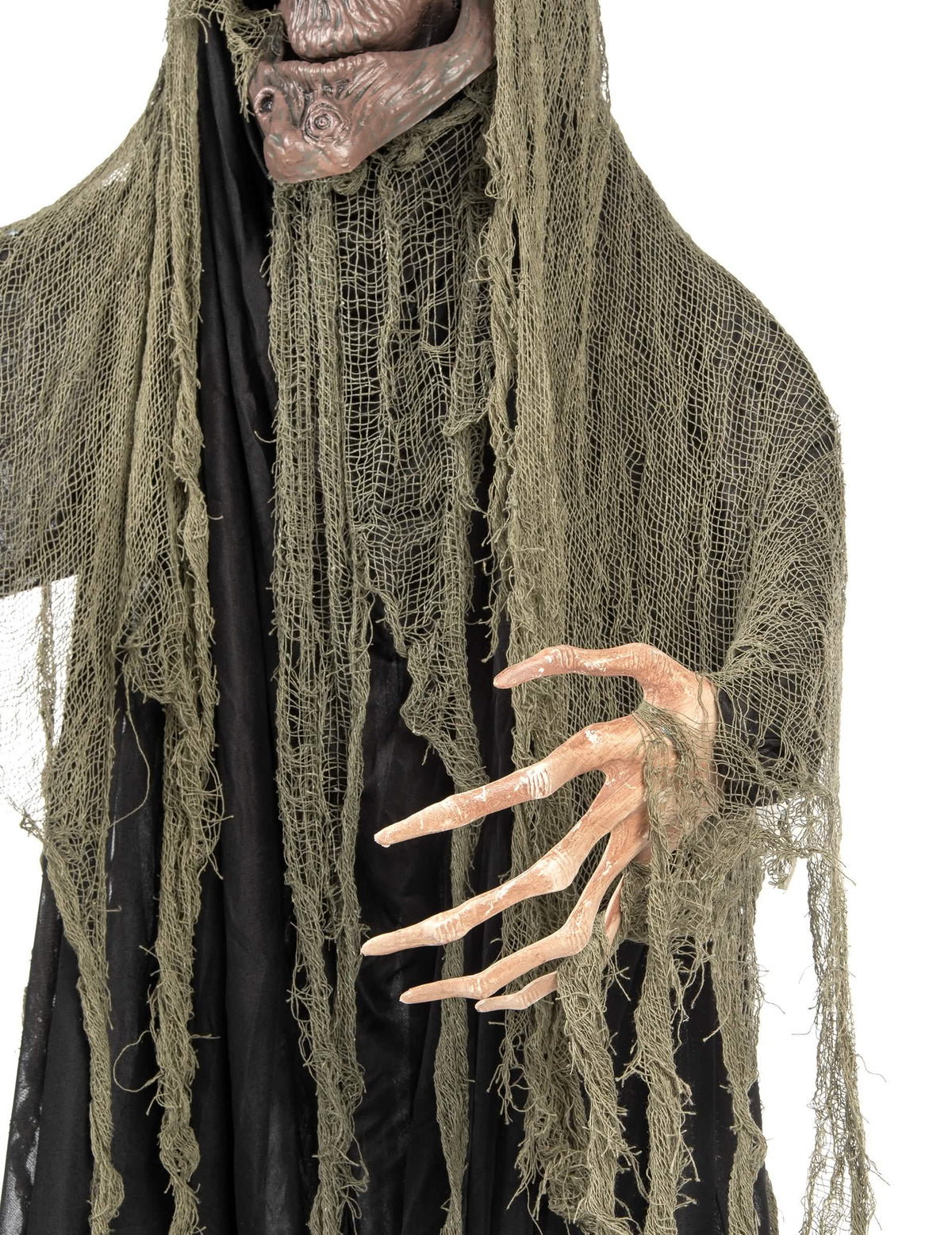 Detalhe da mão em garra e do rosto da árvore assombrada articulada luminosa e sonora halloween