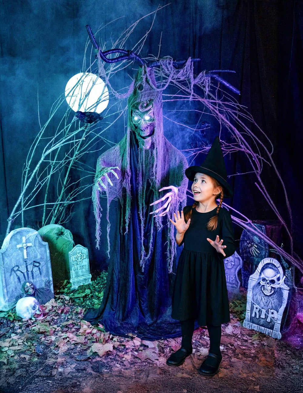 Árvore assombrada articulada luminosa e sonora halloween para decoração cinzento e roxo com olhos luminosos