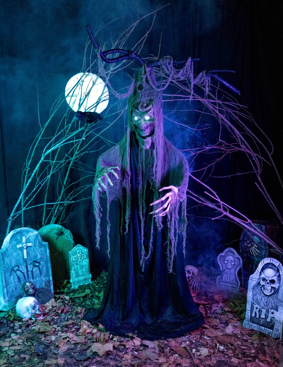 Árvore assombrada articulada luminosa e sonora halloween para decoração preto e cinzento com olhos luminosos