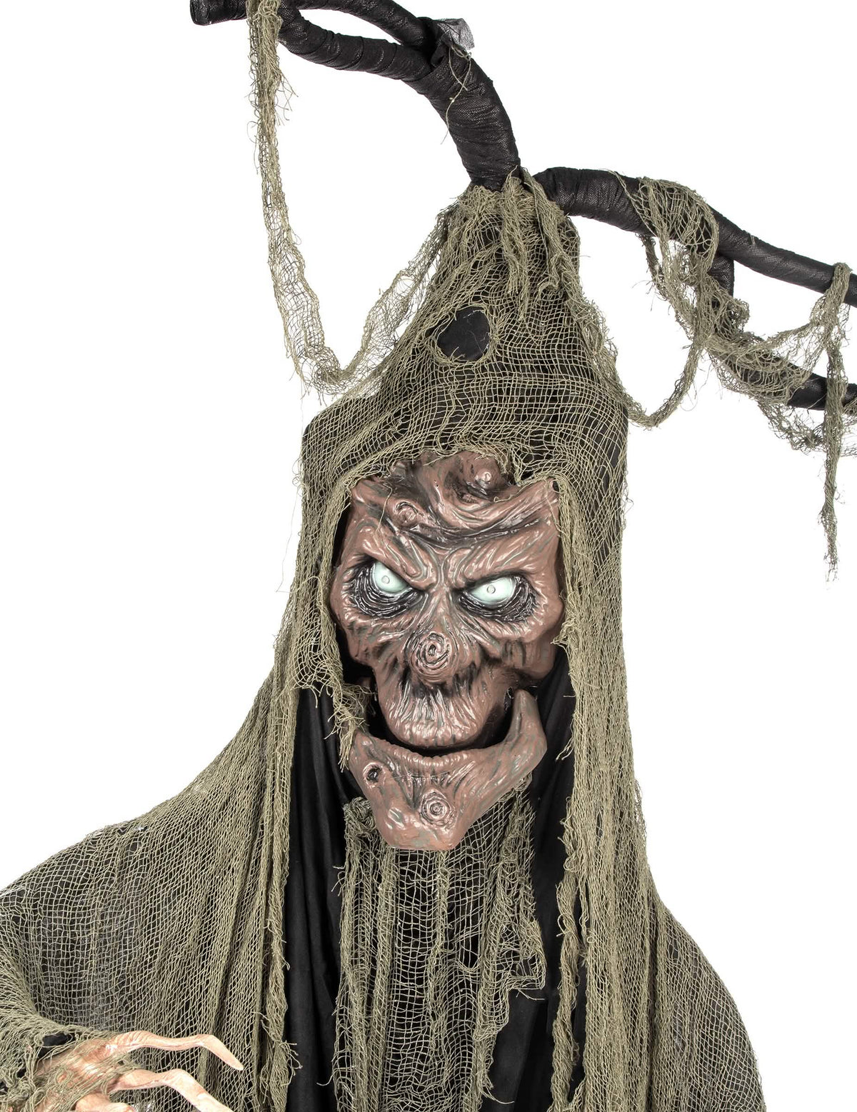Grande plano do rosto da árvore assombrada articulada, luminosa e sonora halloween