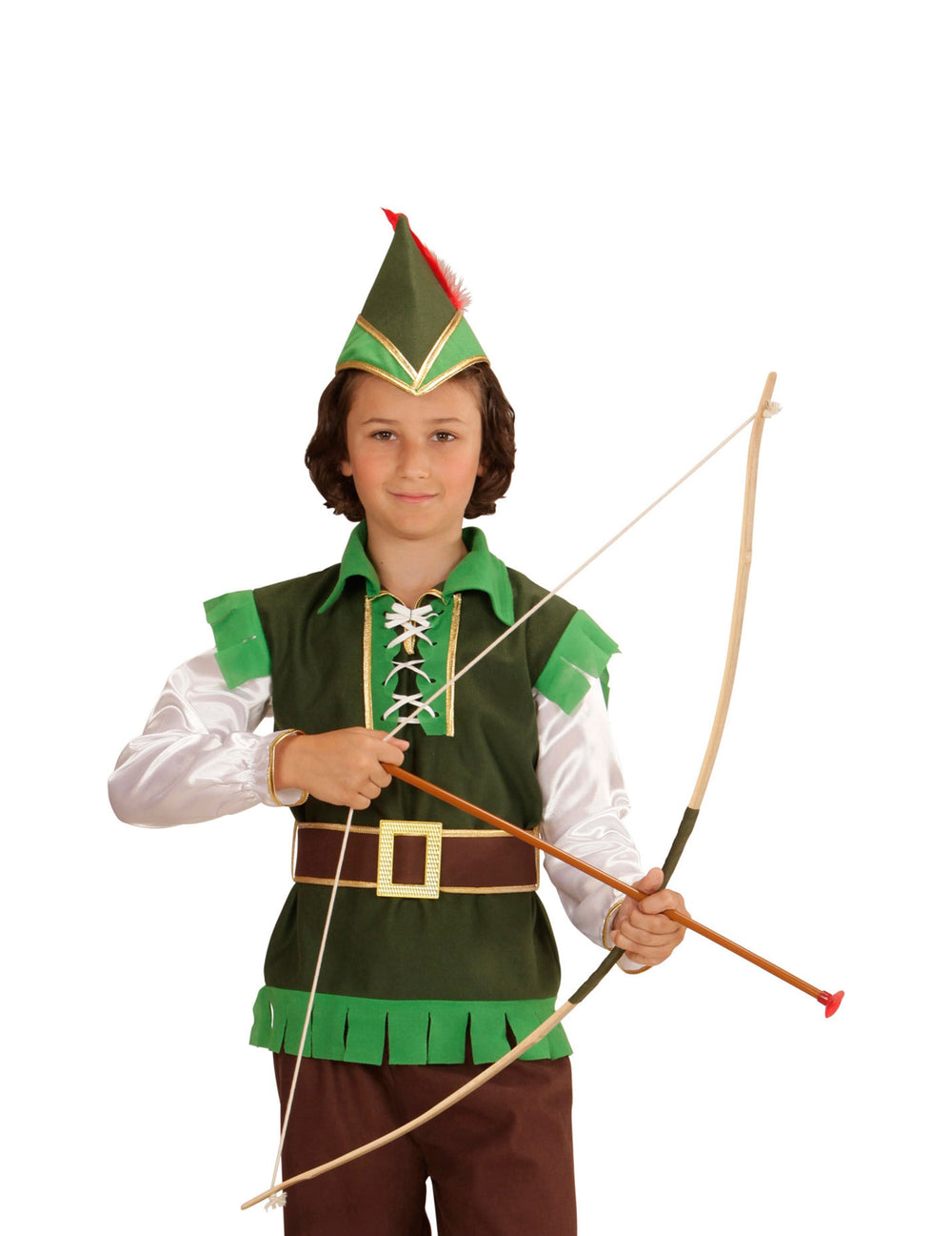 Vue de face de l'archer visant avec l'arc avec étui et fléchettes d'archer pour enfant