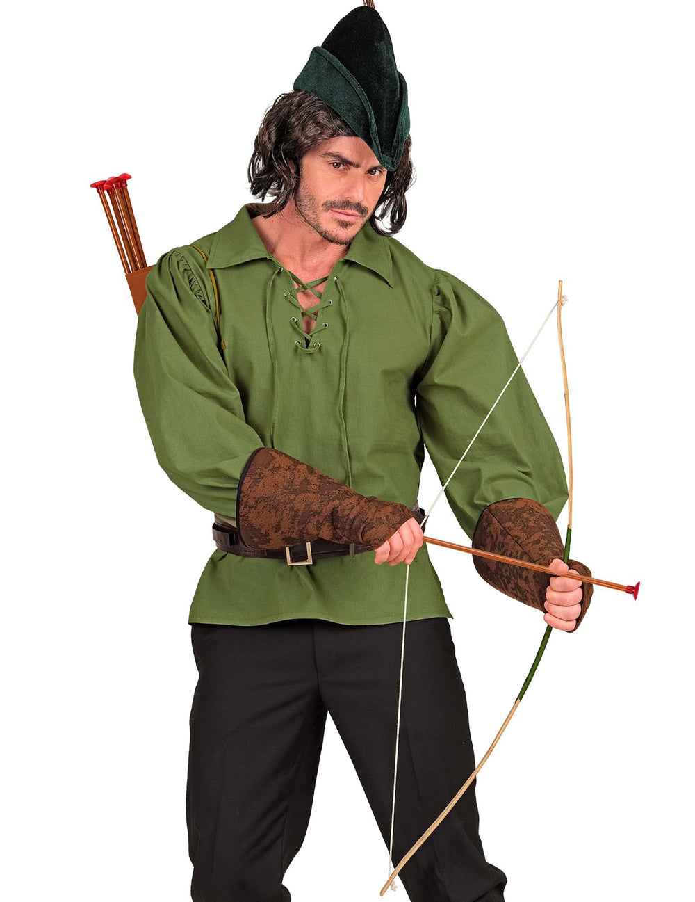 Archer en costume tenant l'arc avec étui et fléchettes d'archer pour enfant