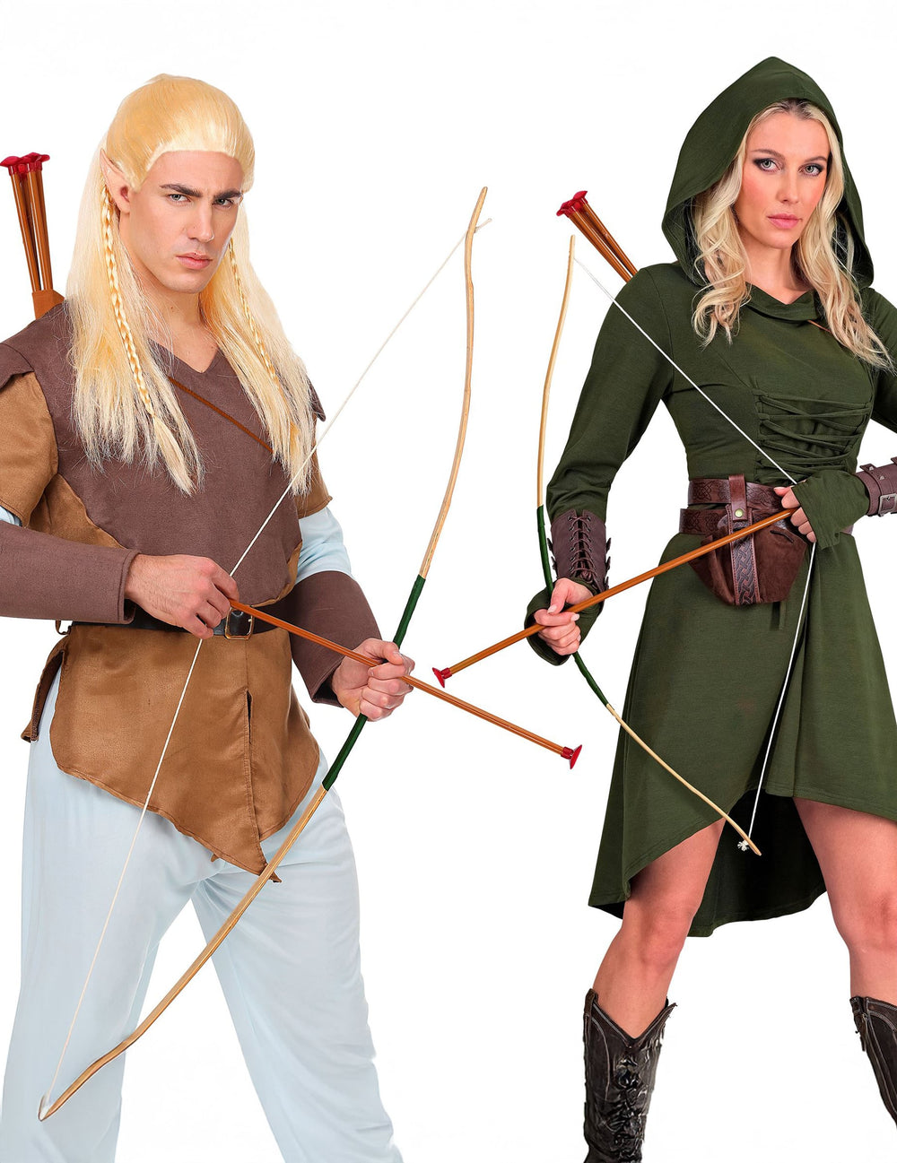 Duo d'archers en costumes avec l'arc avec étui et fléchettes d'archer pour enfant