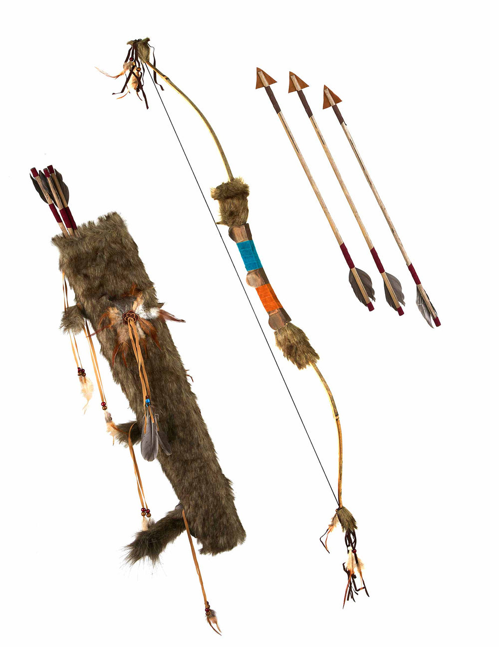 Arc avec flèches indien luxe pour déguisement marron avec fausse fourrure et plumes