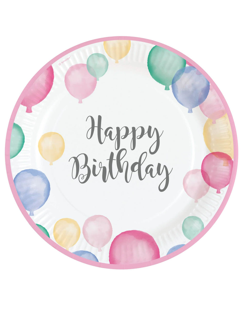pratos em cartão Happy Birthday balões pastel para aniversário contorno cor de rosa