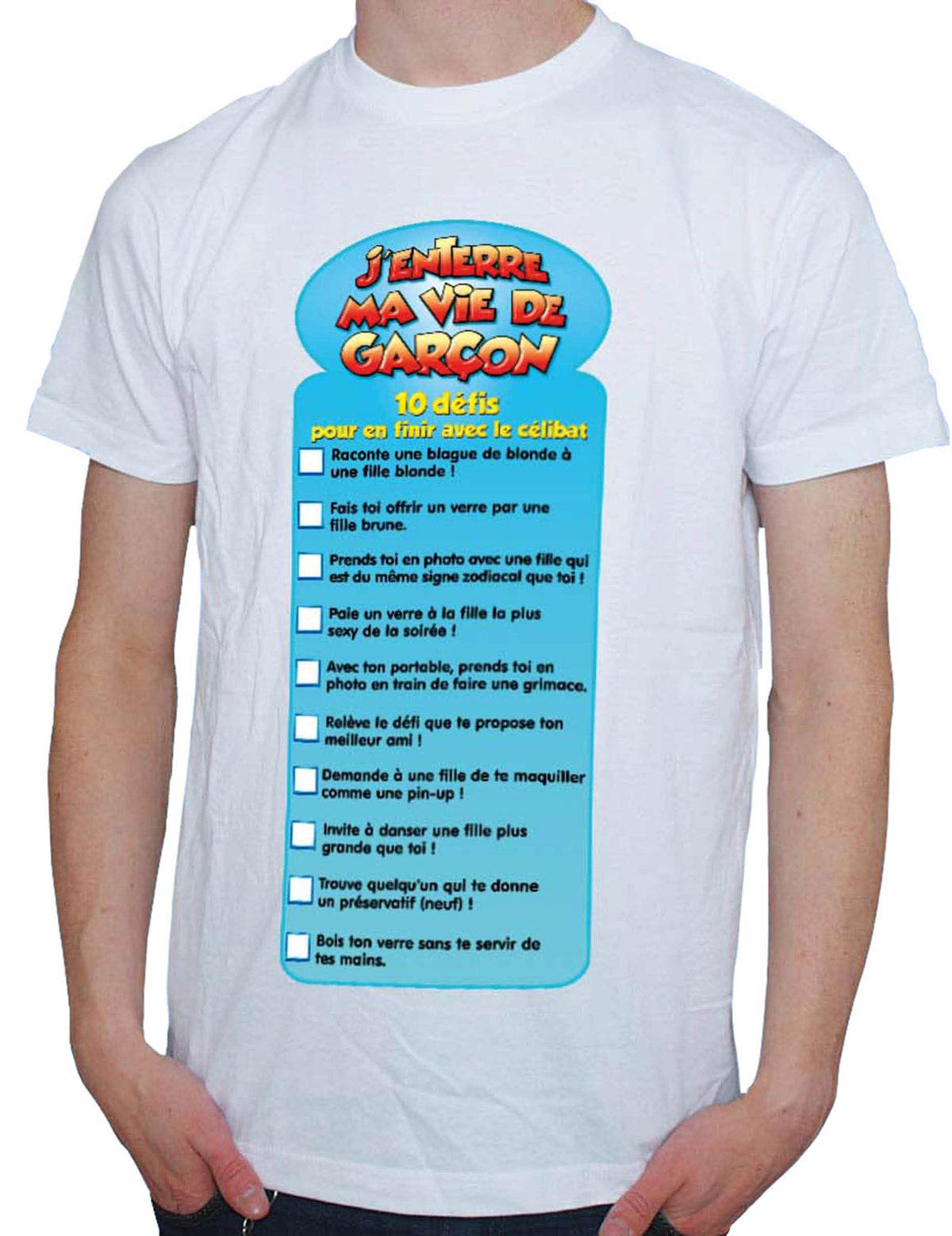 Autocolante de despedida de solteiro para homem branco e azul com lista de 10 desafios