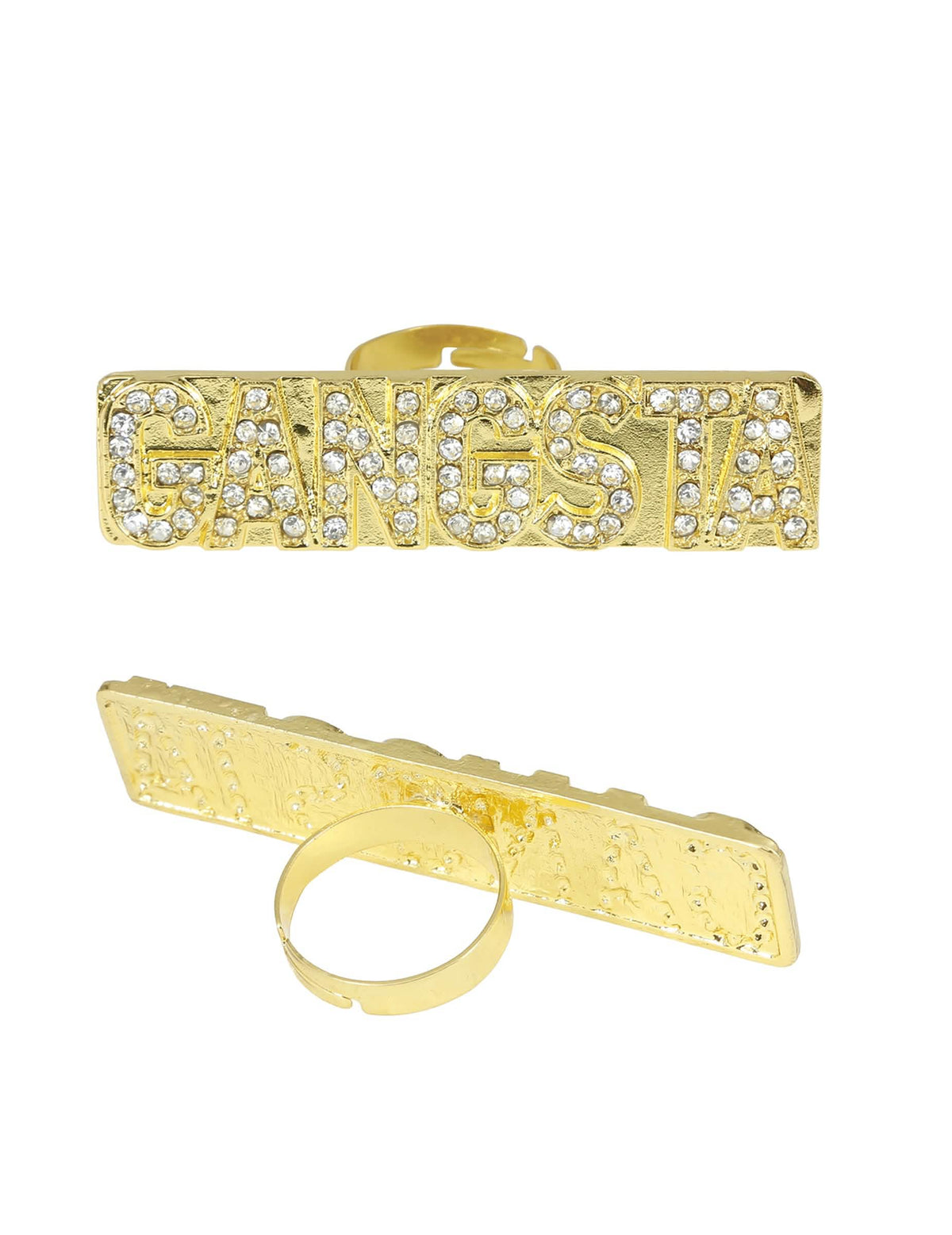 Vistas de frente e de trás do anel gangsta com strass