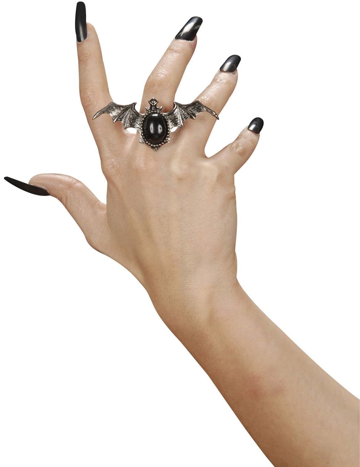 Bague gothique chauve-souris pour adulte argentée avec pierre noire
