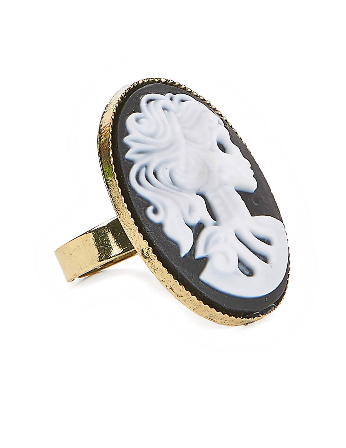 Anel esqueleto gótico para mulher preto branco e dourado halloween