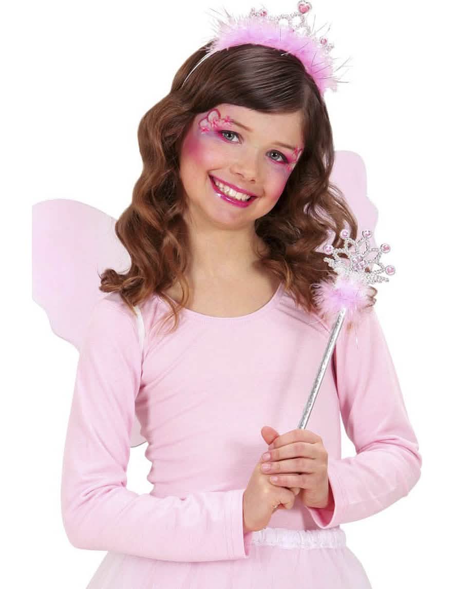 Baguette e tiara de princesa para criança cor de rosa e prateado