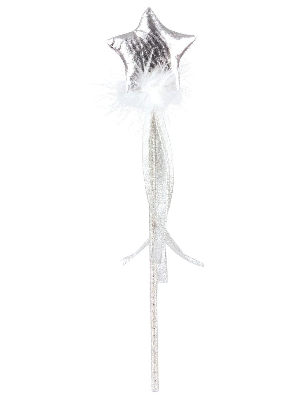 Baguette de fée pour fille argentée avec étoile et plumes-blanches