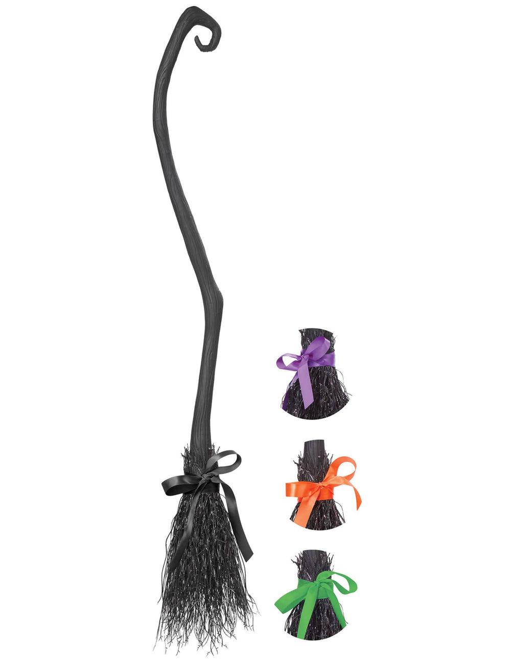 Vassoura de bruxa preto com fitas intercambiáveis roxo cor de laranja e verde
