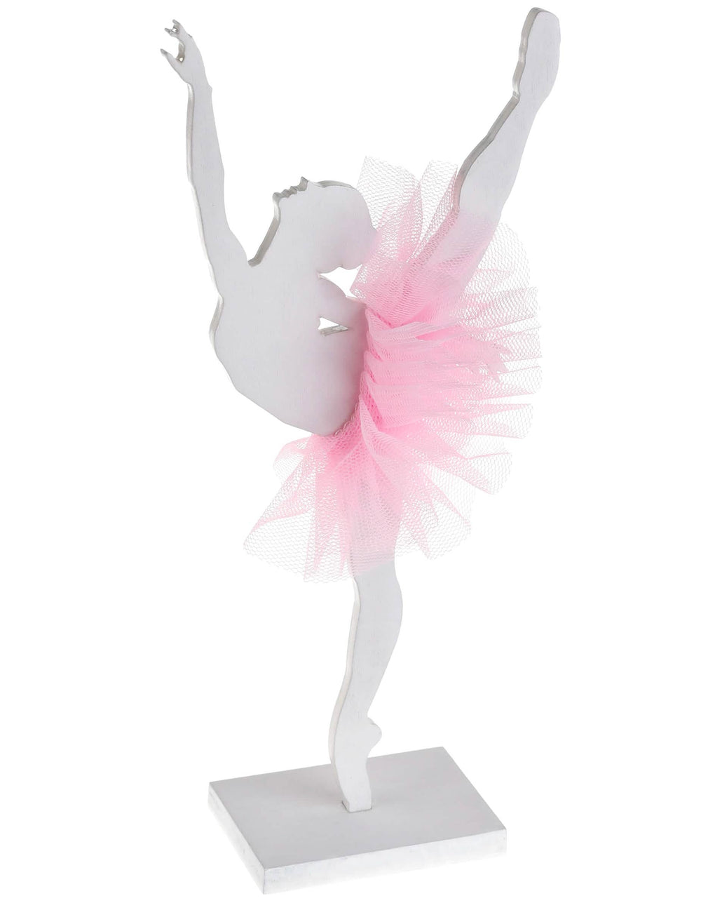 bailarina em madeira para decoração branca com tutu cor de rosa