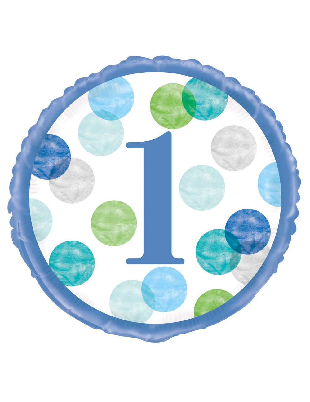Balão de alumínio 1.º aniversário para criança branco e azul com bolinhas pastel
