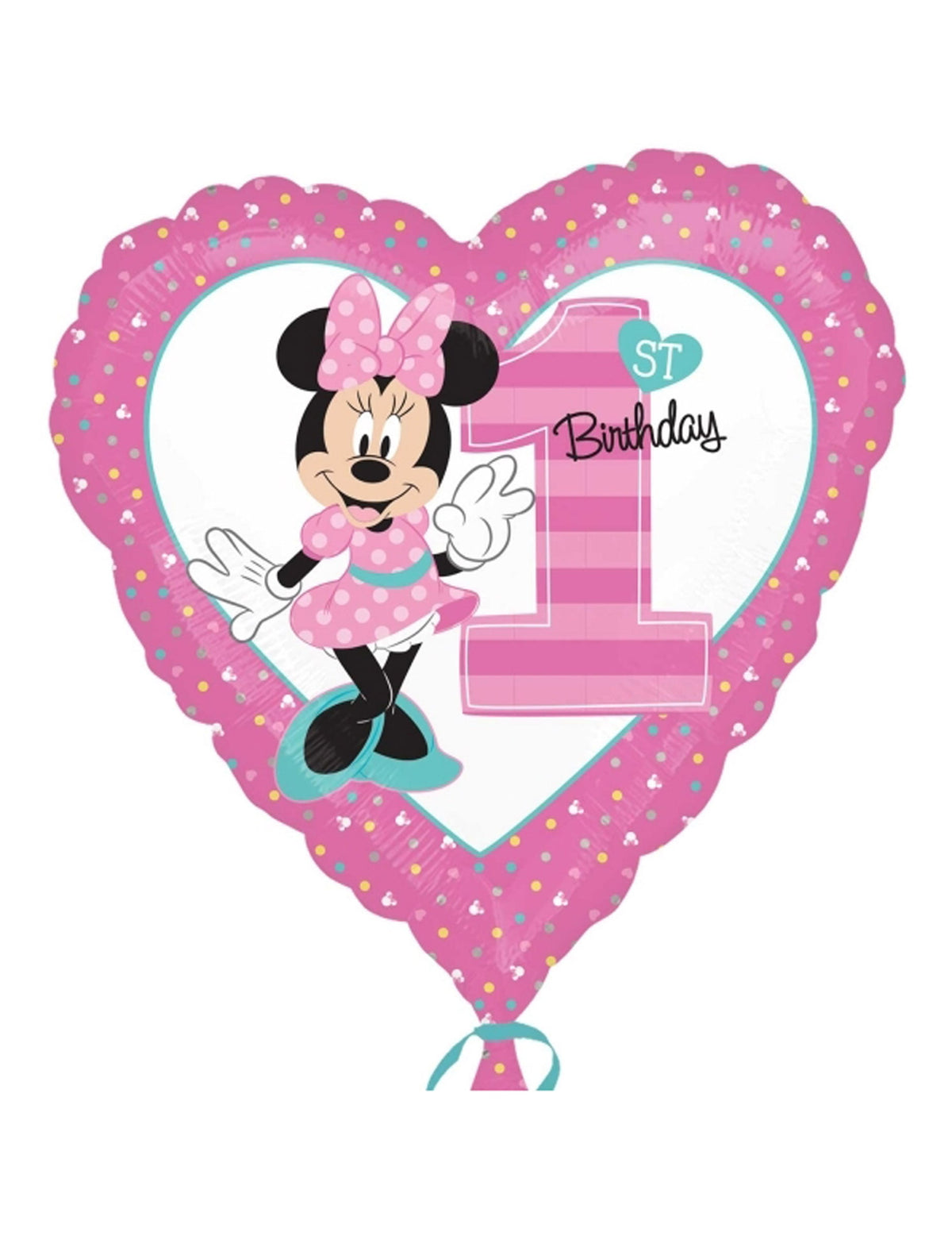 Ballon aluminium 1er Anniversaire Minnie pour bébé fille rose en forme de cœur