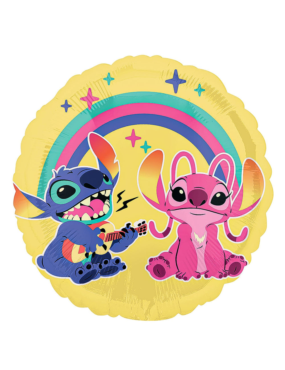 Ballon aluminium Angel & Stitch jaune avec arc-en-ciel et guitare