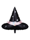 Ballon aluminium chapeau de sorcière pour fête noir avec ruban rose et étoiles holographiques