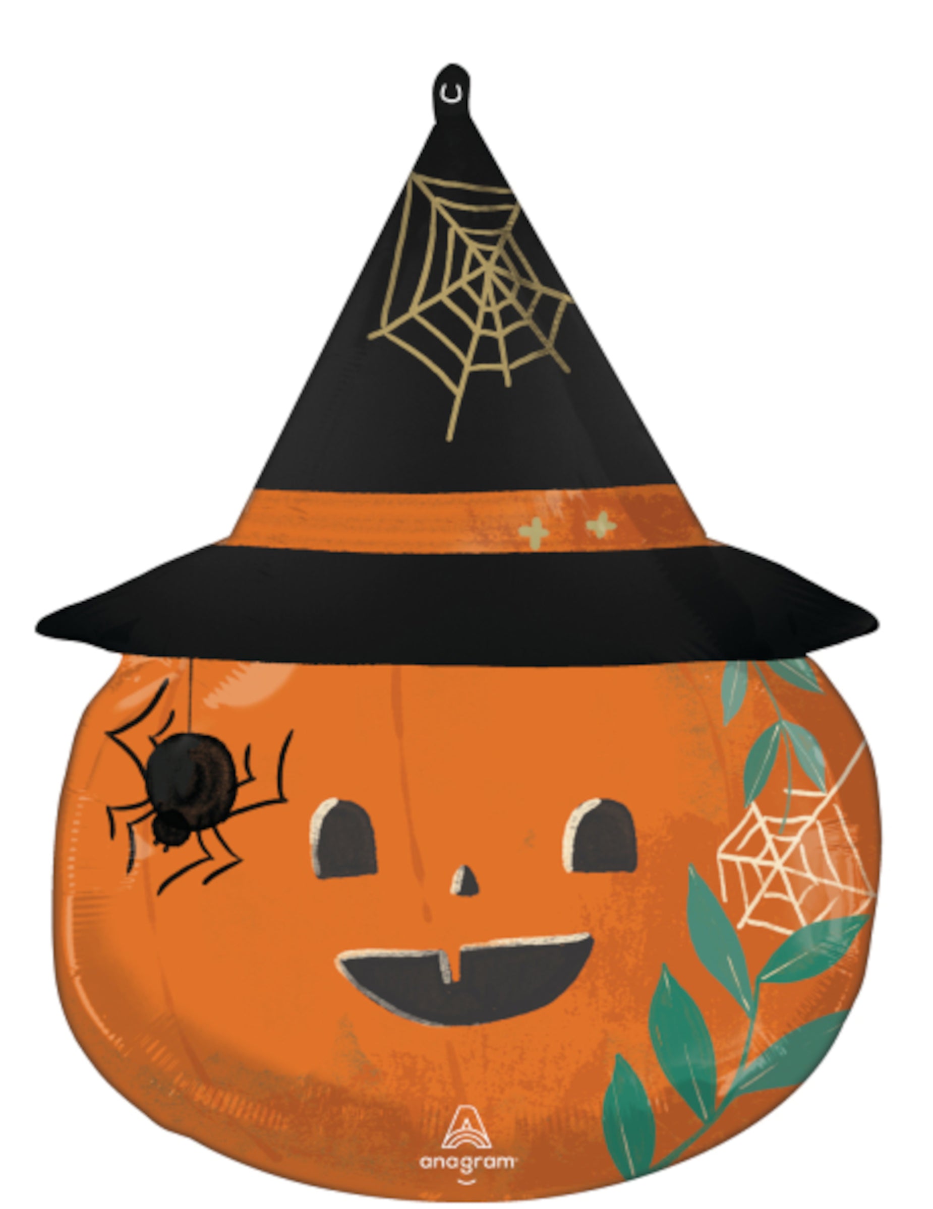 Ballon aluminium citrouille avec chapeau pour Halloween orange et noir avec araignée