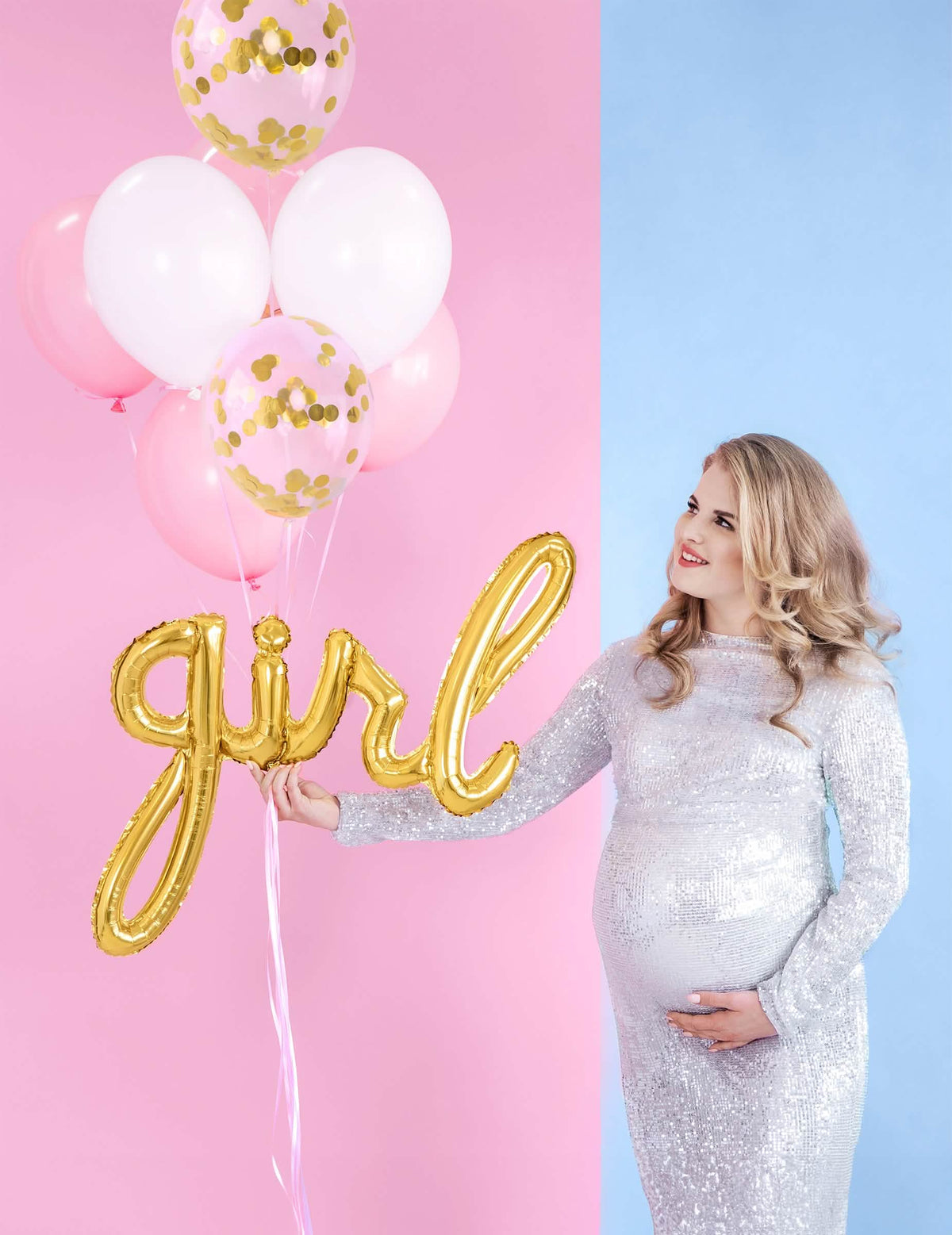 Cenário para baby shower com balão de alumínio girl dourado