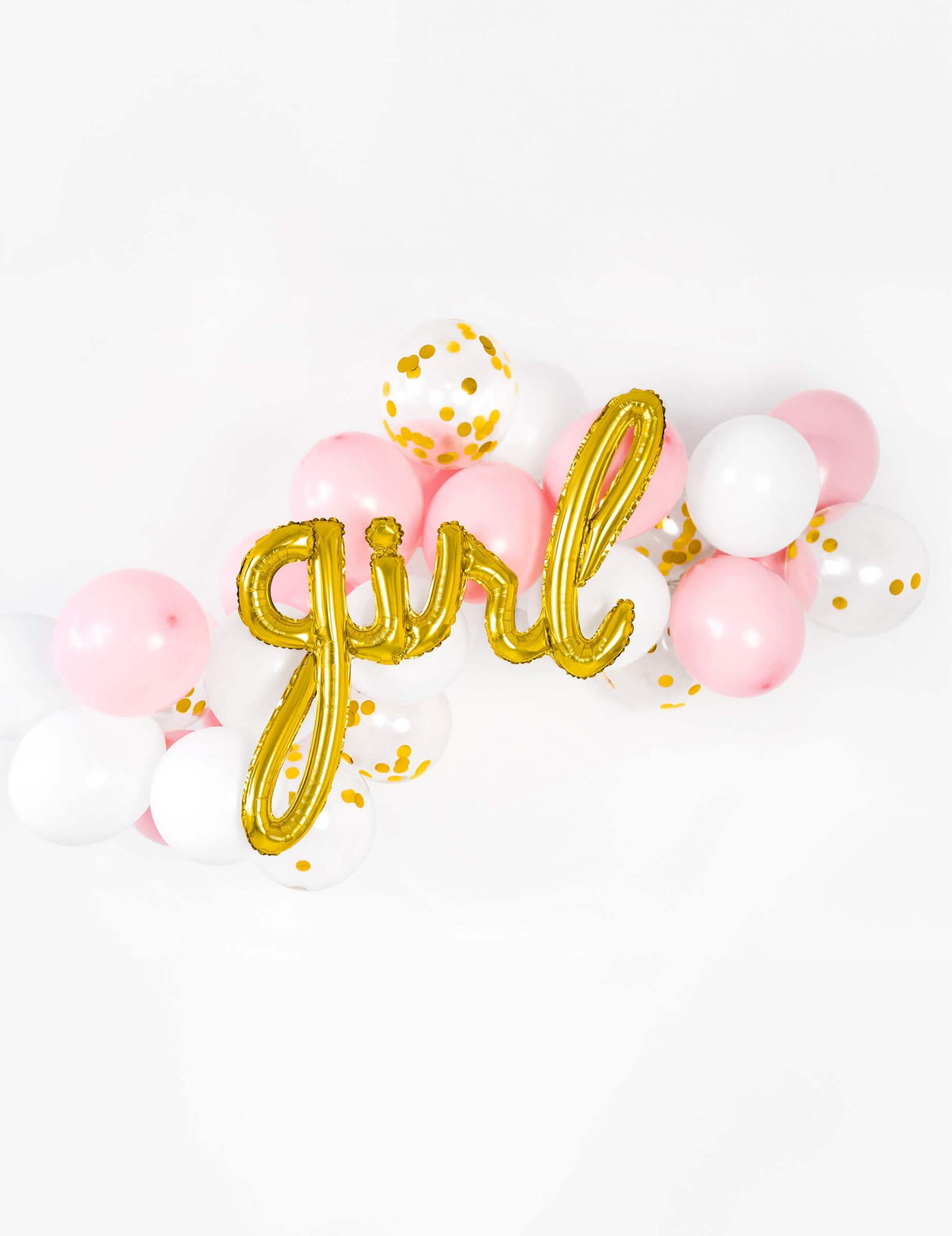Composição de balões rosa e brancos com o balão de alumínio girl dourado