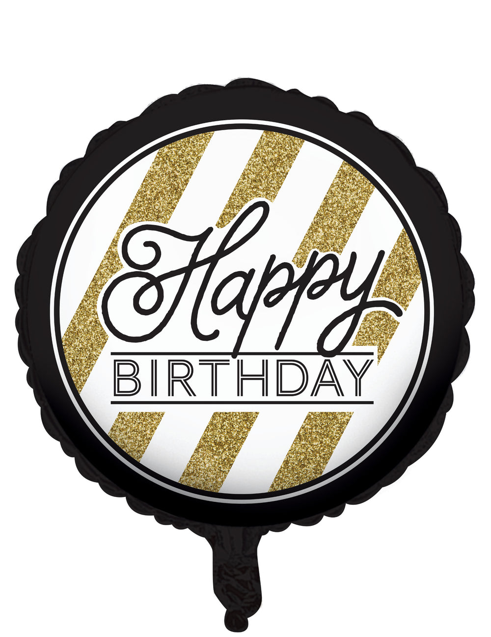 Ballon aluminium Happy Birthday pour anniversaire noir et or à rayures pailletées