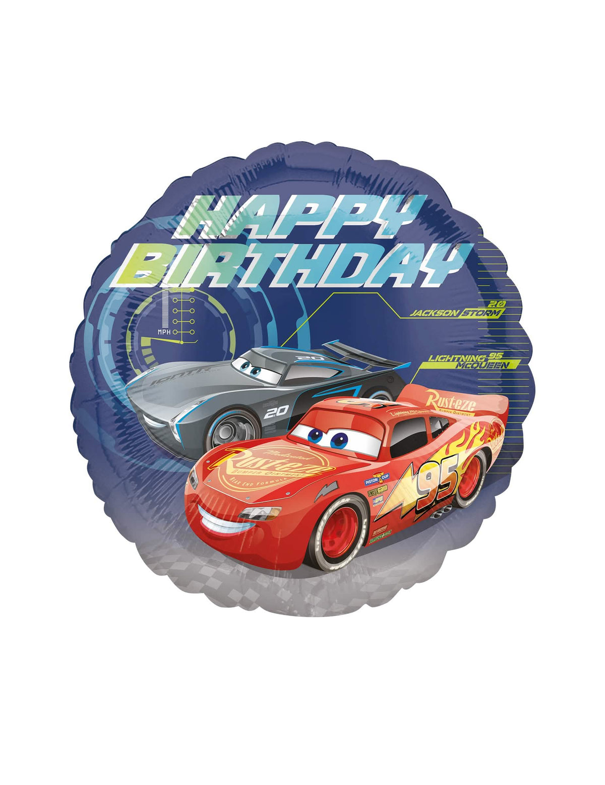 Balão de alumínio Happy Birthday Carros 3 para criança azul com Flash McQueen e Jackson Storm