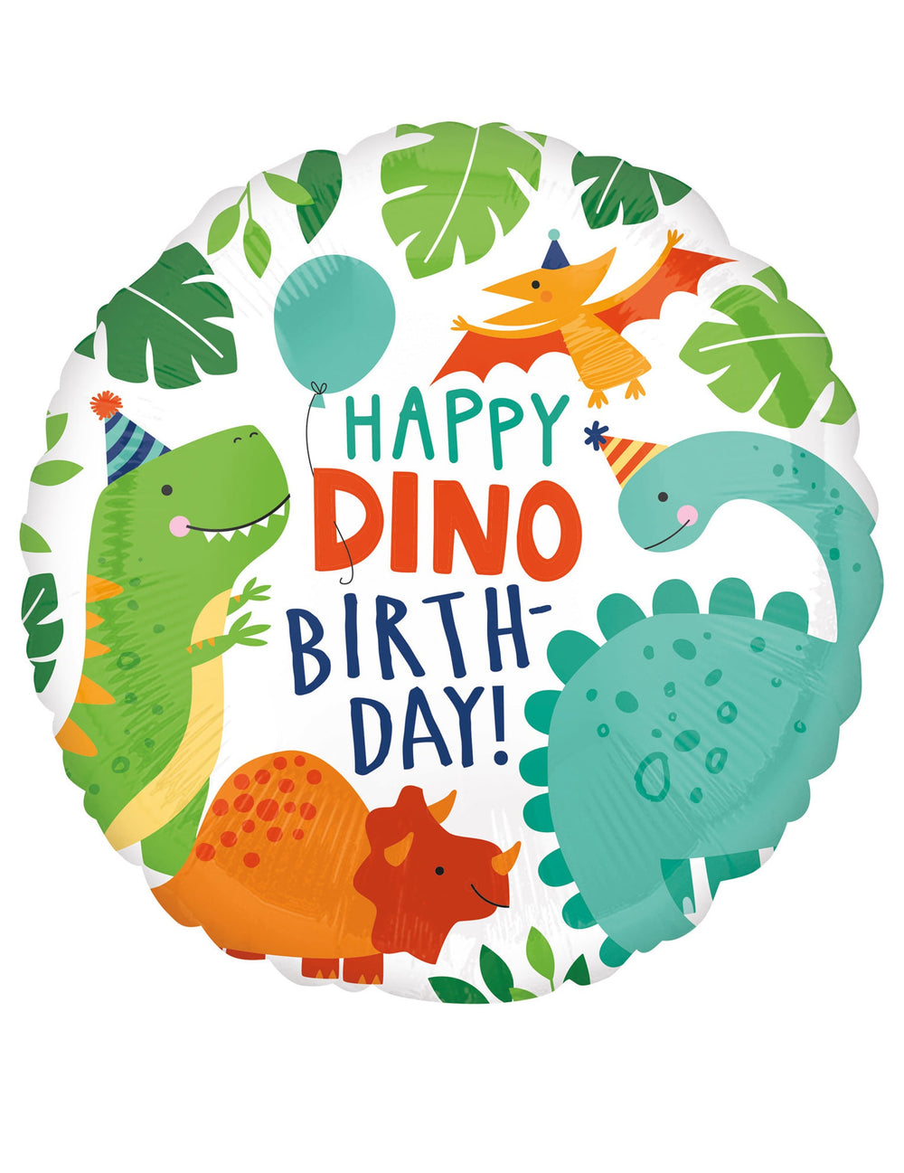 Ballon aluminium happy birthday dinosaure pour enfant blanc et multicolore rond