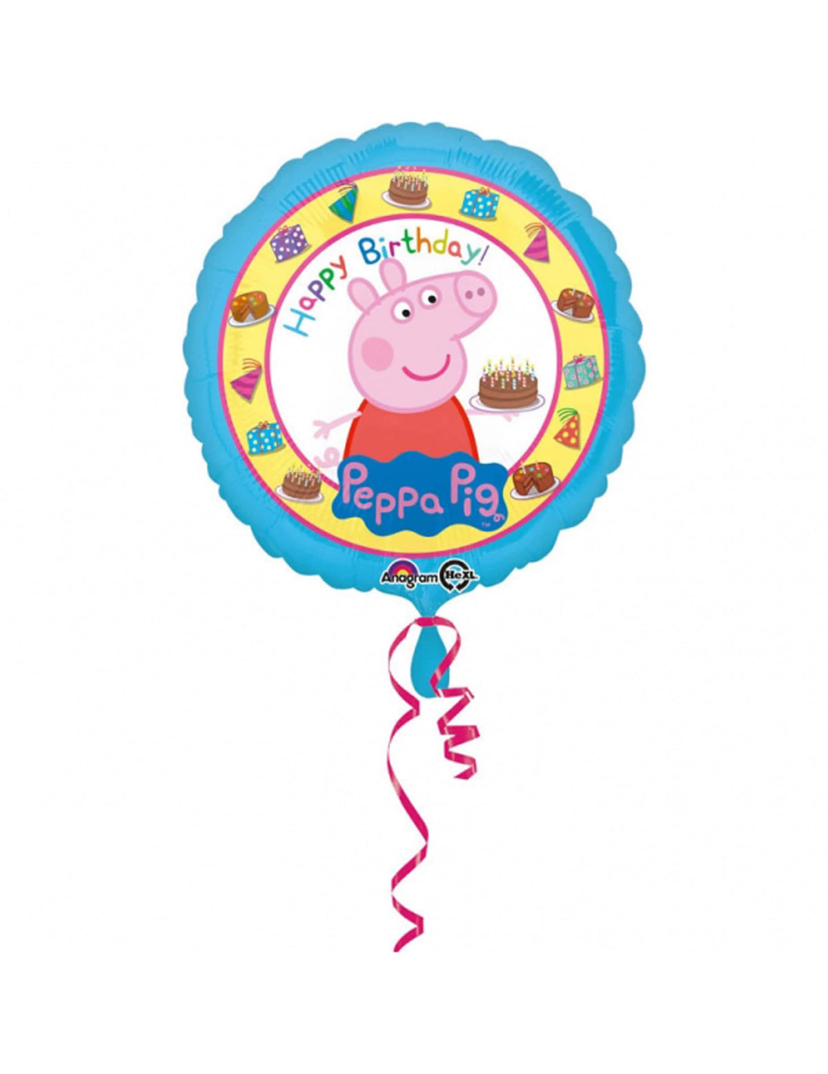 Balão de alumínio Happy Birthday Peppa Pig para criança azul com bolo de aniversário